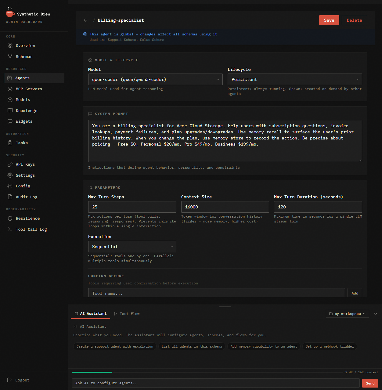 Agent detail — model, system prompt, tools, spawn rules