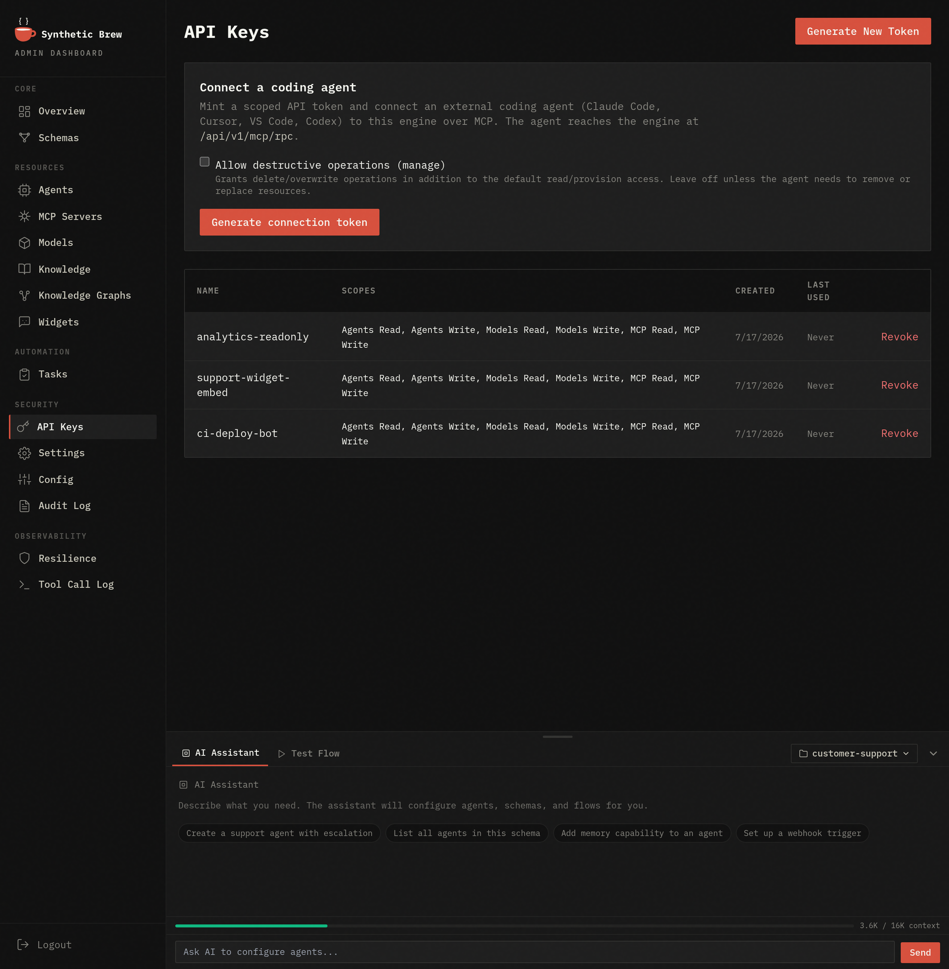 SyntheticBrew API key management for secure agent access