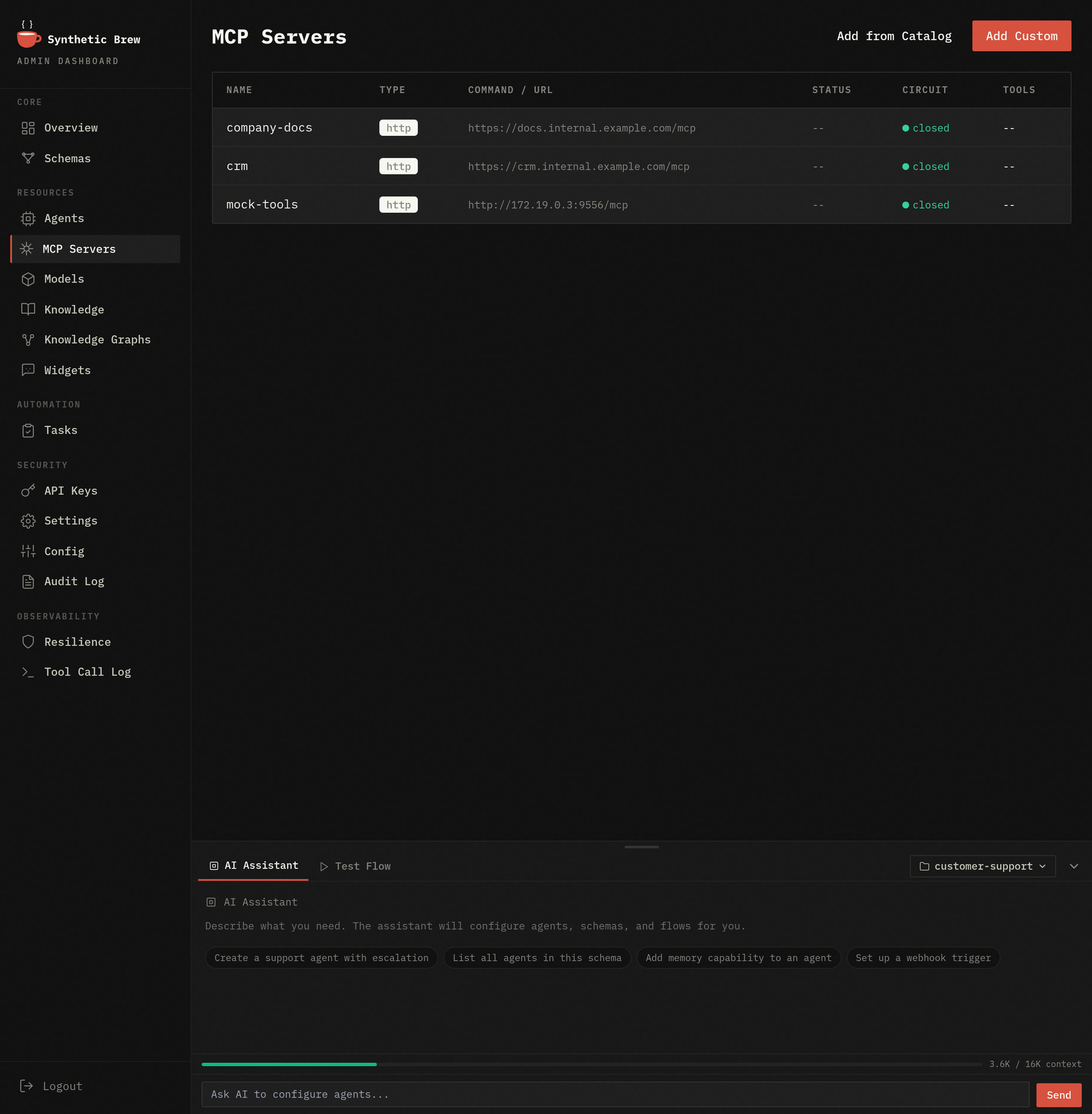 MCP server configuration in the SyntheticBrew admin dashboard