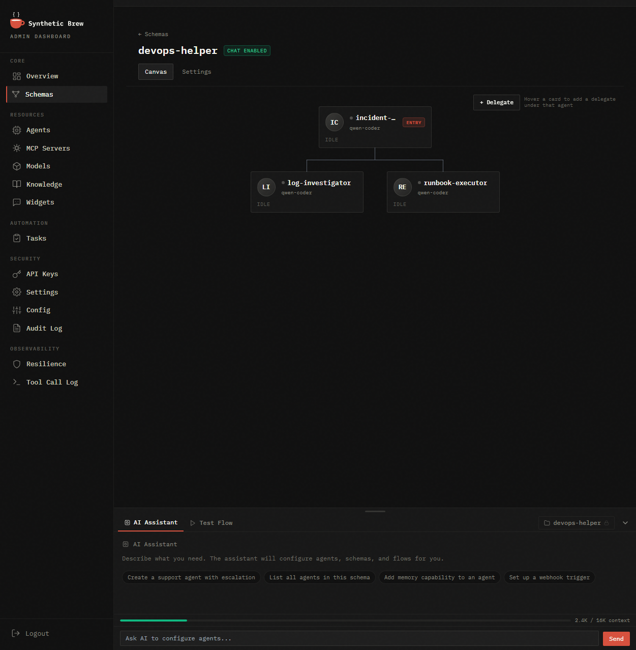 AI Builder assistant panel — describe what you need, agents assemble themselves