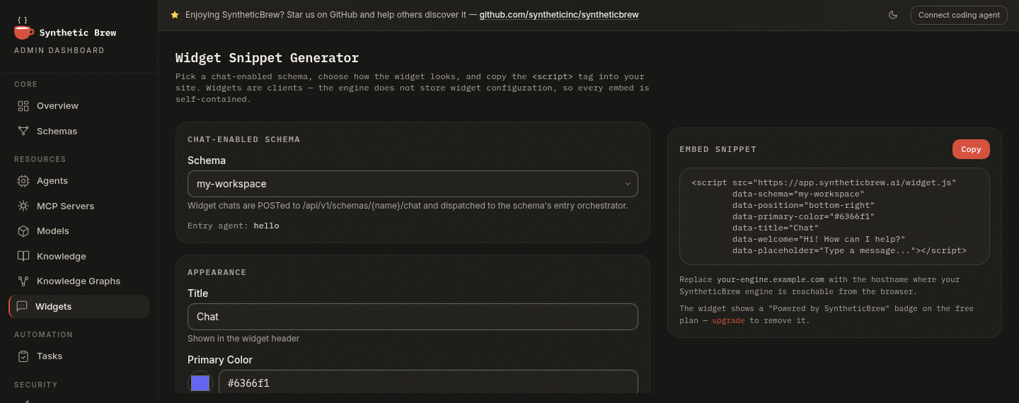 SyntheticBrew admin dashboard widget page showing the embeddable script snippet