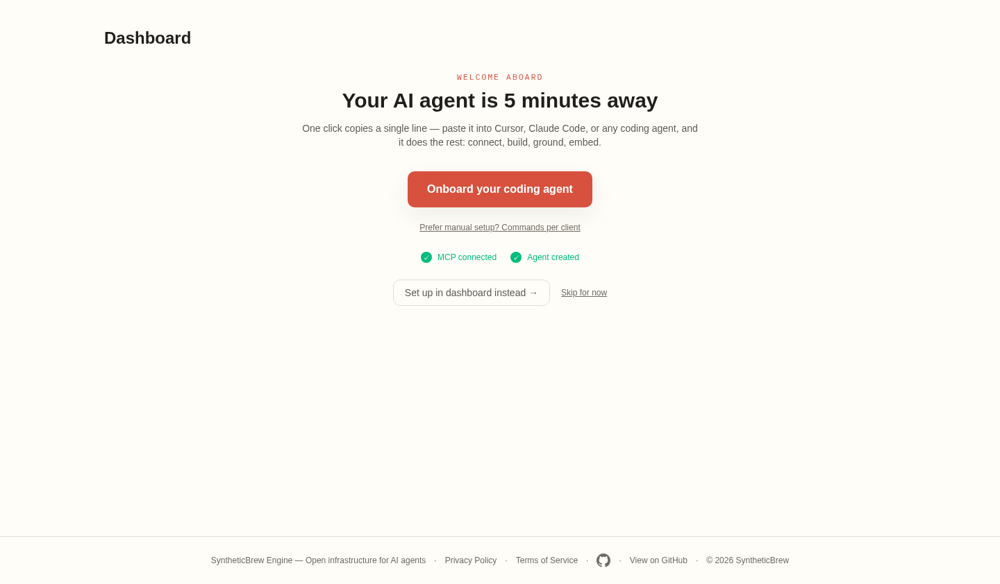 SyntheticBrew dashboard onboarding checklist with MCP connected and agent created steps completed