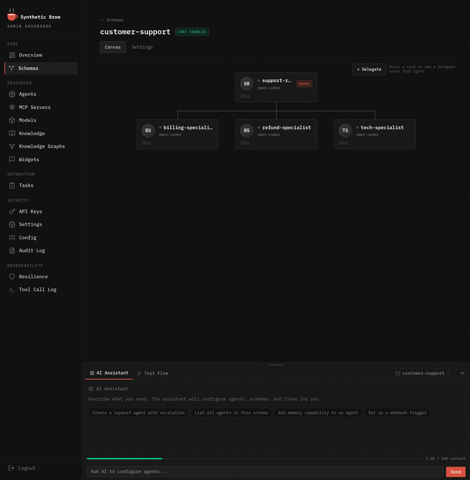 SyntheticBrew AI agent builder and visual orchestration canvas