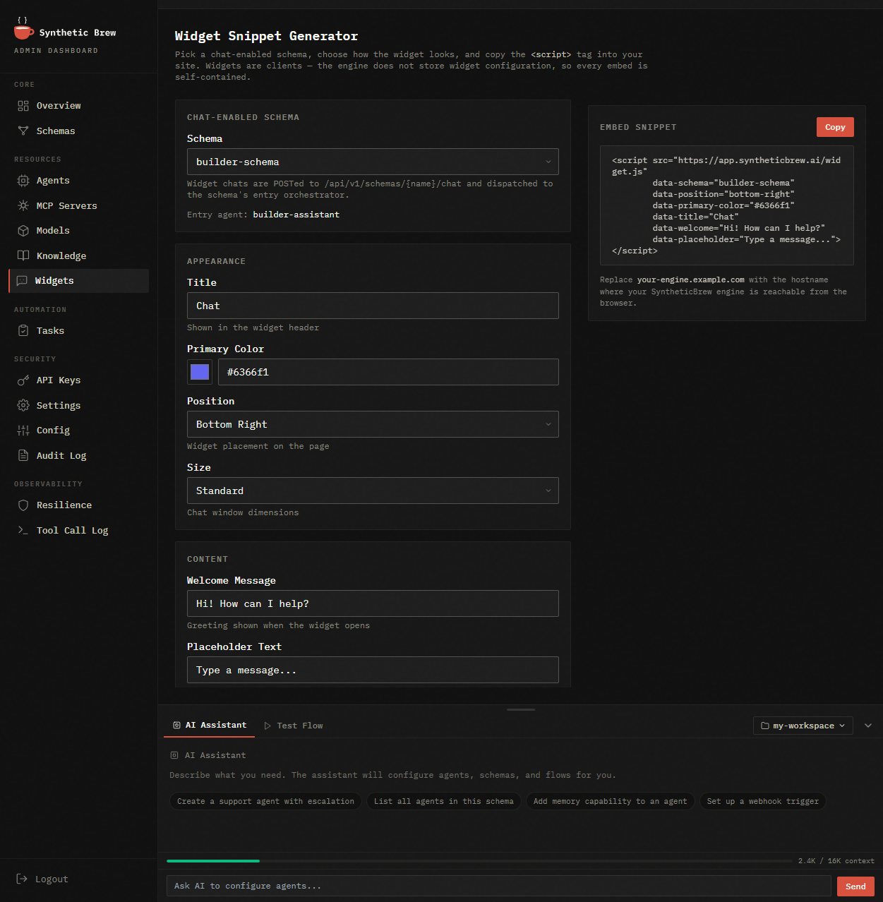 Widget Snippet Generator — embed snippet ready to copy